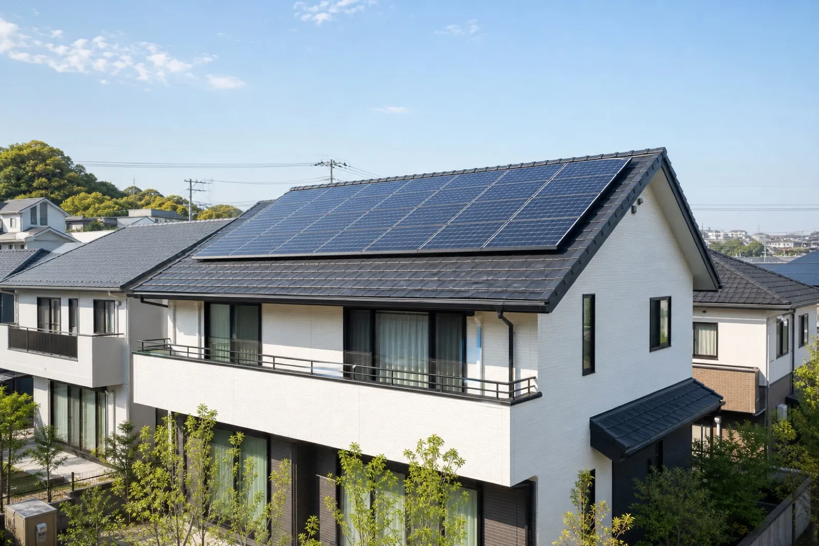 屋根に住宅用太陽光パネルを設置した日本の戸建て住宅