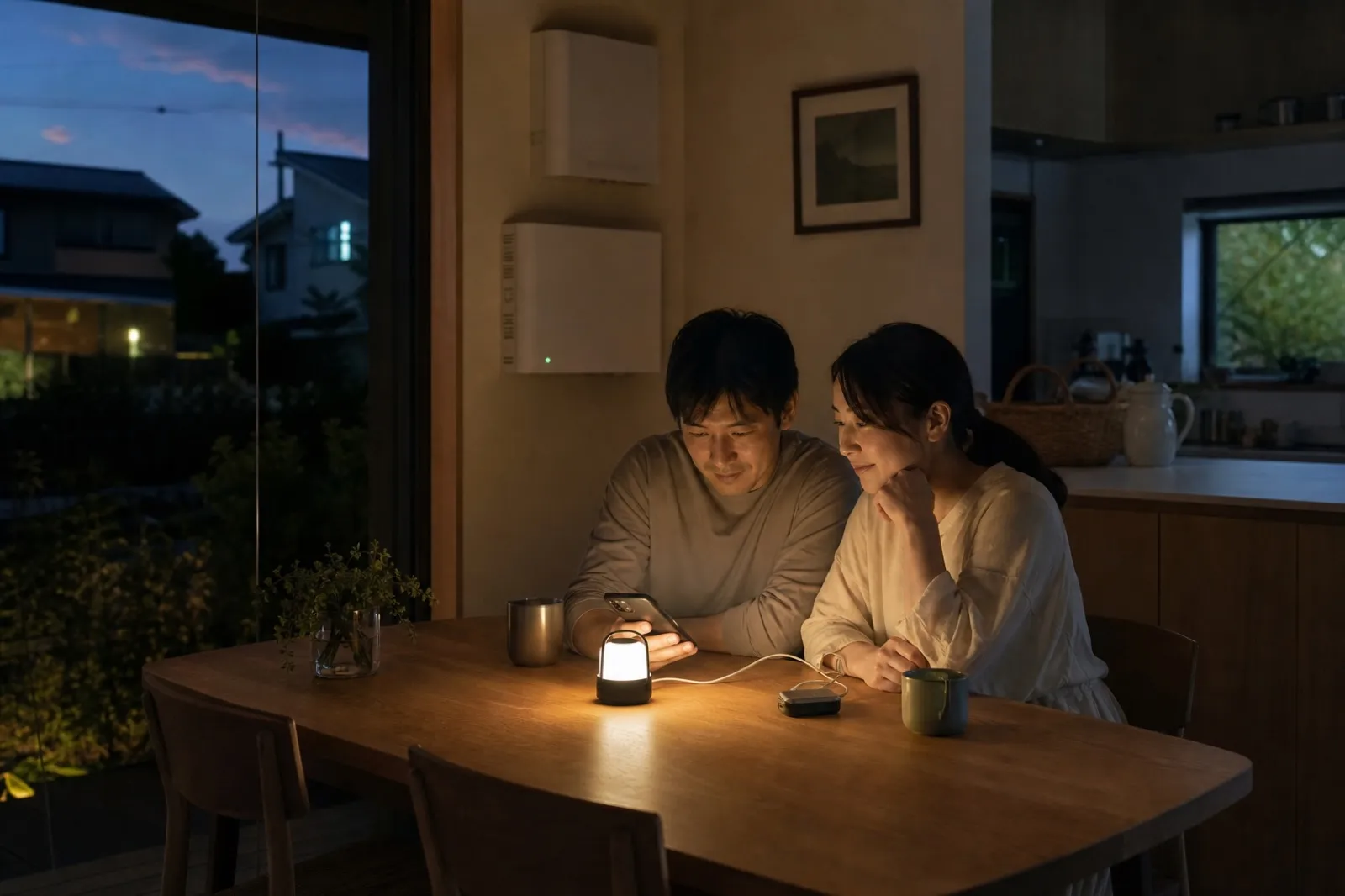 停電した夜に明かりとスマートフォンを確認する家庭の様子